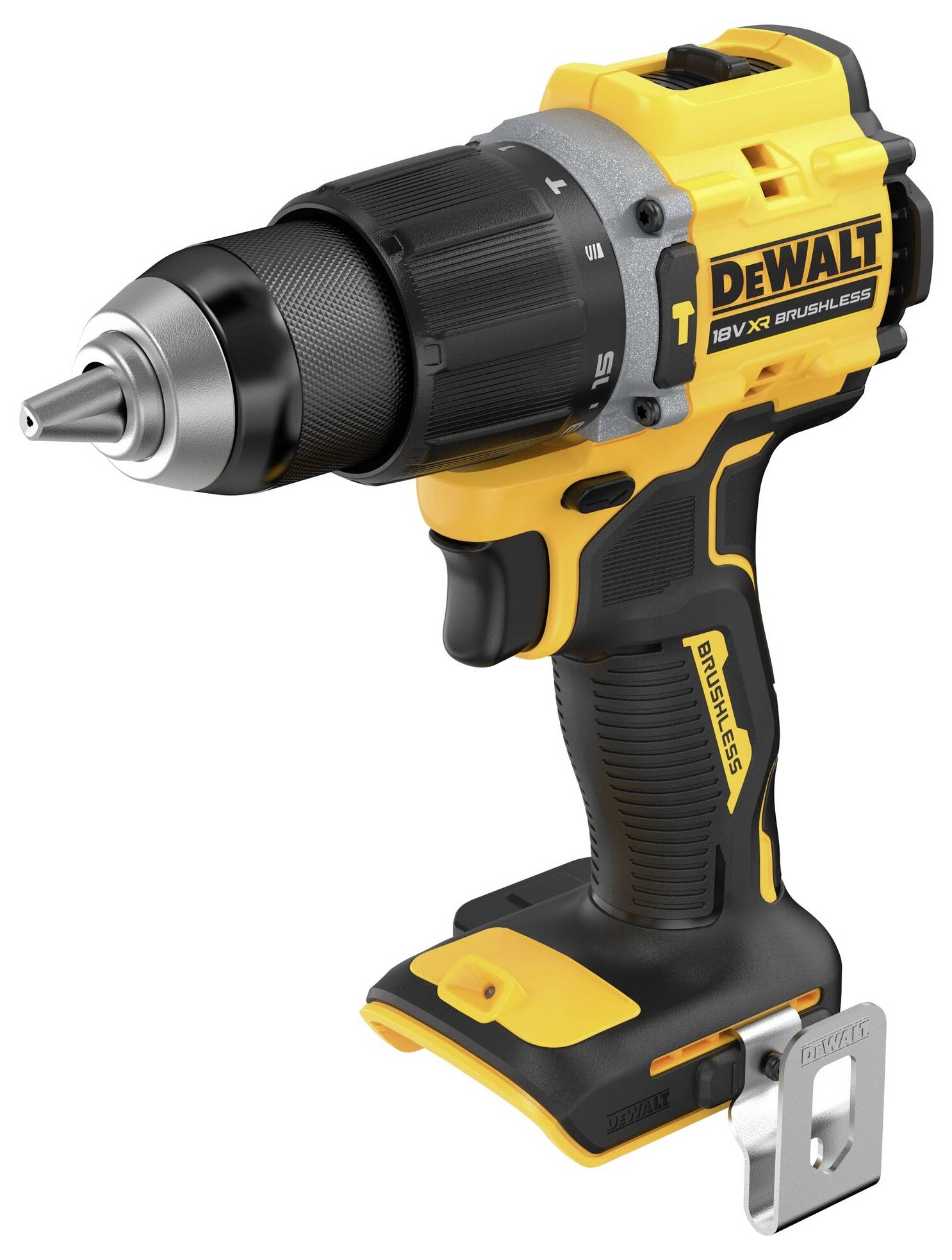 A yellow and black cordless drill driver with an ergonomic handle and metal chuck, suitable for various drilling tasks.