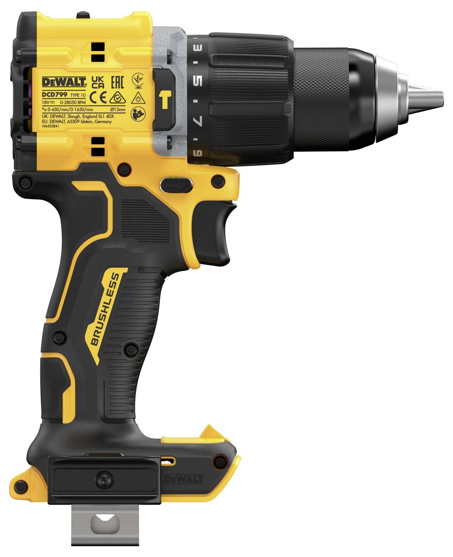 Cordless drill in yellow and black with multiple speed settings, product information and brand logo visible on the side.