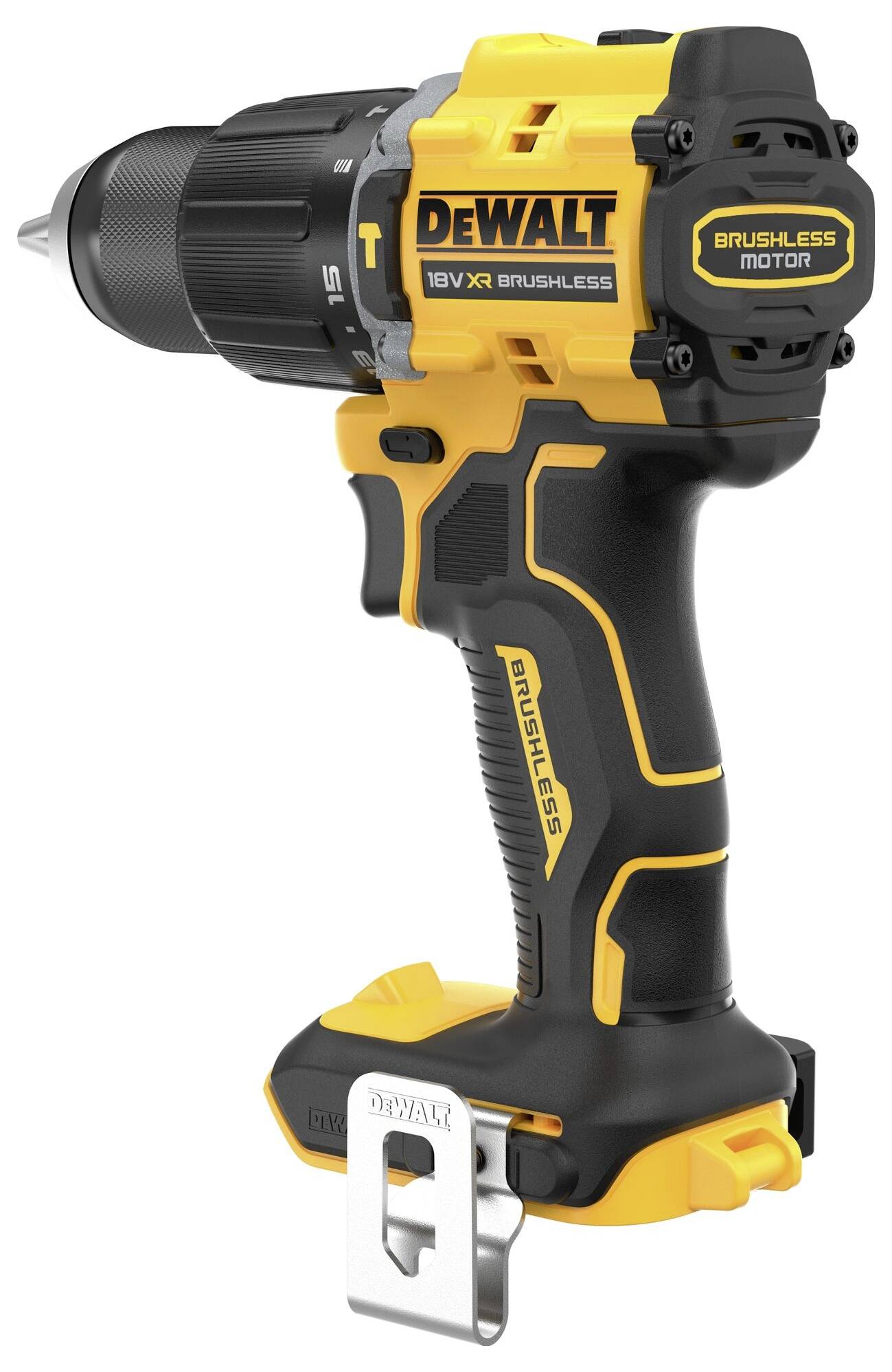 DeWalt cordless drill, yellow and black, with brushless motor, 18V XR, without battery, side view.