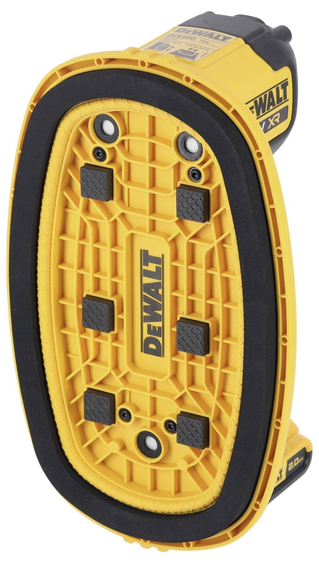 A yellow orbital sander with a black edge guard and brand logo on the underside, showing the sanding surface and mounting points.