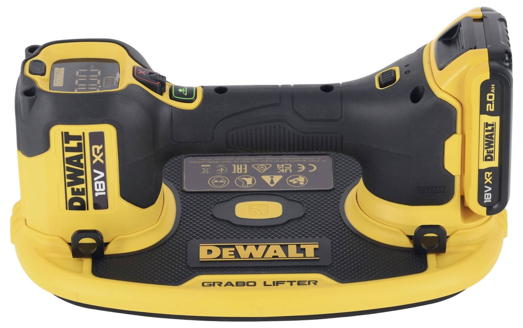Yellow and black portable power tool with brand logo and LED indicator, used for lifting heavy materials.