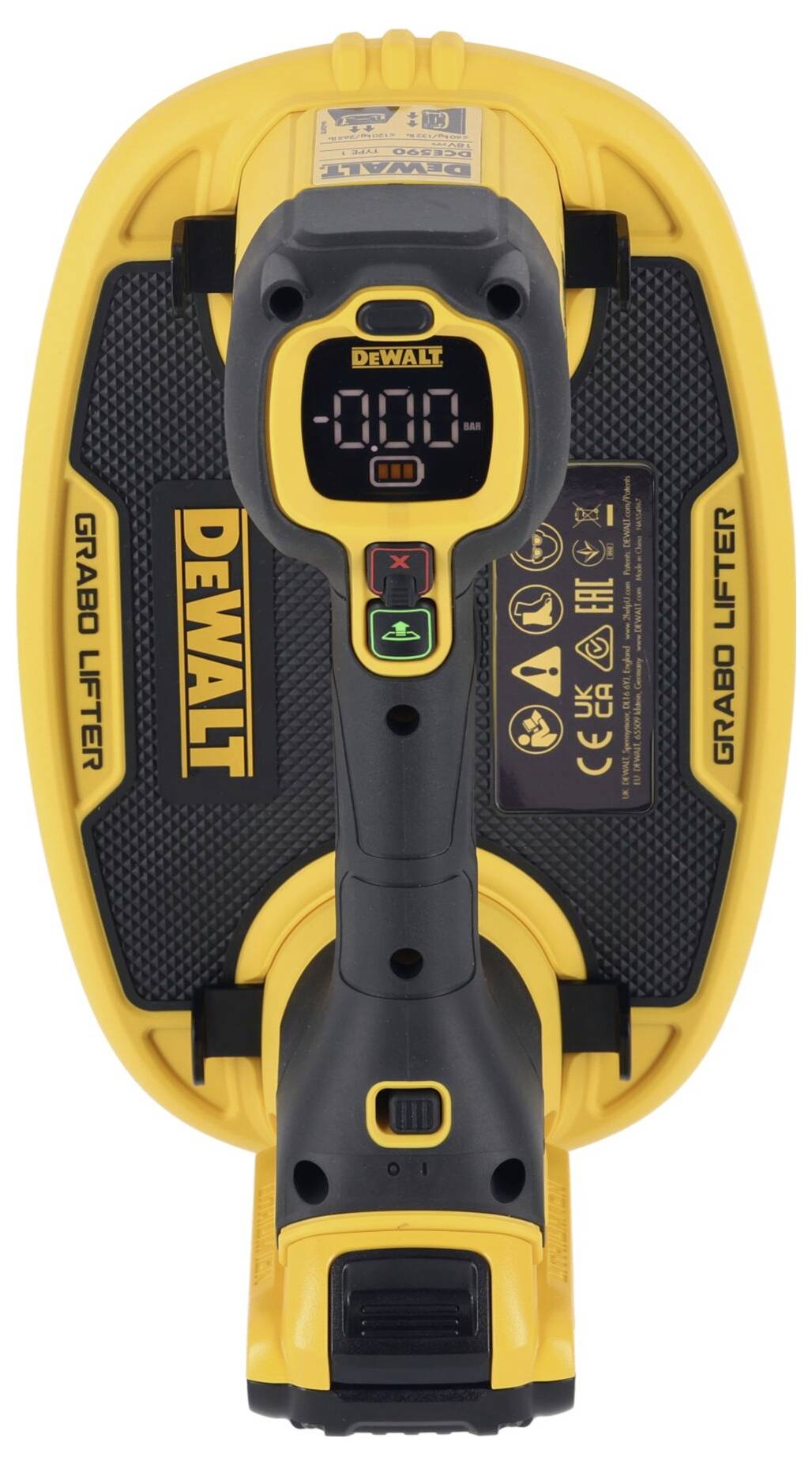 A yellow DeWalt Grabo lifter suction device with a digital display and controls in black and yellow, designed for lifting heavy materials.