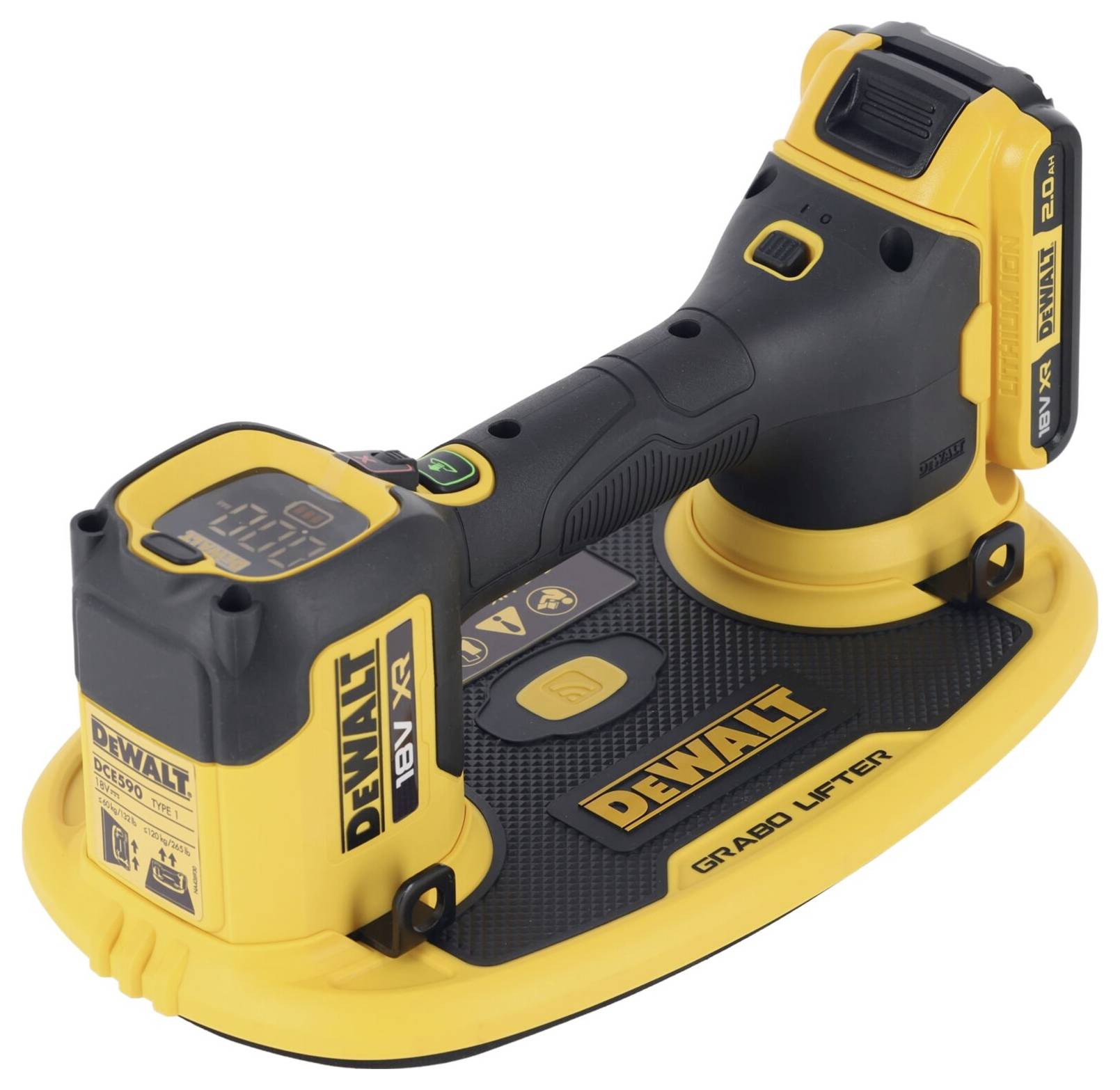 Portable electric device in yellow and black by DeWalt, used for vacuum lifting operations. Compact design, robust construction.