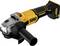 Cordless angle grinder with a yellow housing, black handle, and silver grinding head. 'DEWALT' brand marking.