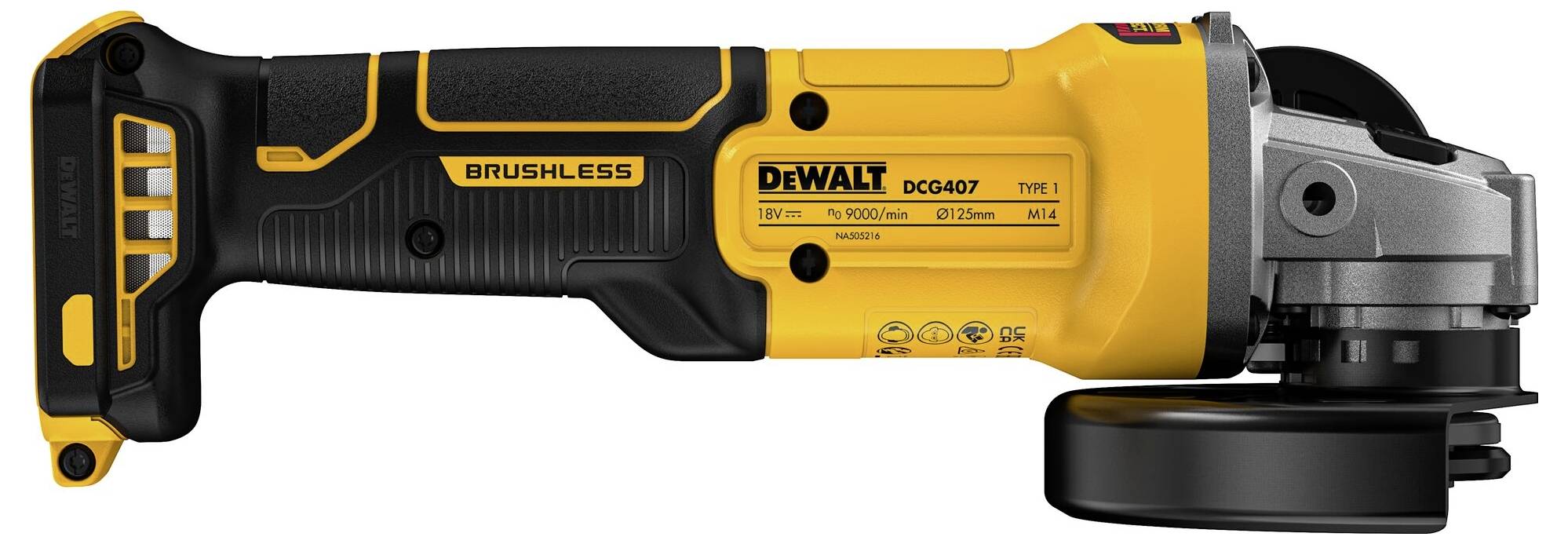 A yellow and black cordless angle grinder by DeWalt. Inscription shows 'Brushless' and model number 'DCG407'.