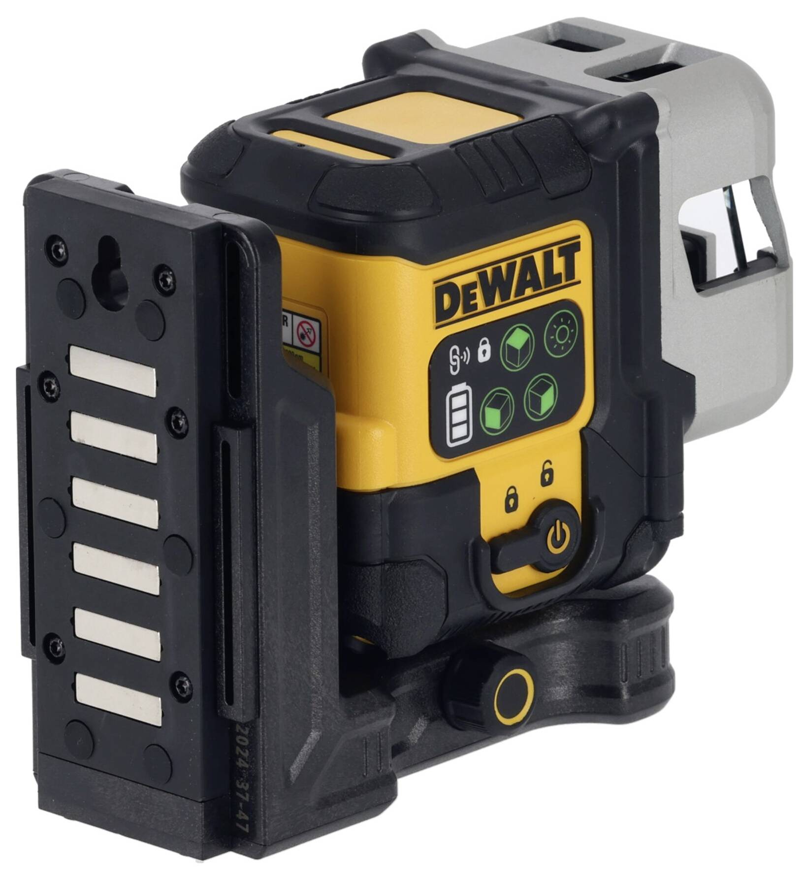 A yellow and black laser levelling device with a display and control buttons. The 'DEWALT' brand logo is visible, intended for use in construction.