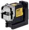 'DEWALT laser tool DCE 14310 on a black stand. Portable device with yellow casing for construction and surveying work.'