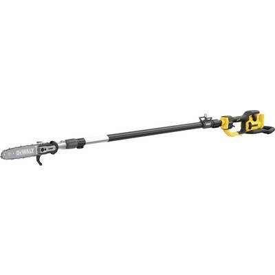 Battery-powered pole pruner with telescopic pole, yellow and black handle, and chainsaw. Suitable for cutting high branches.