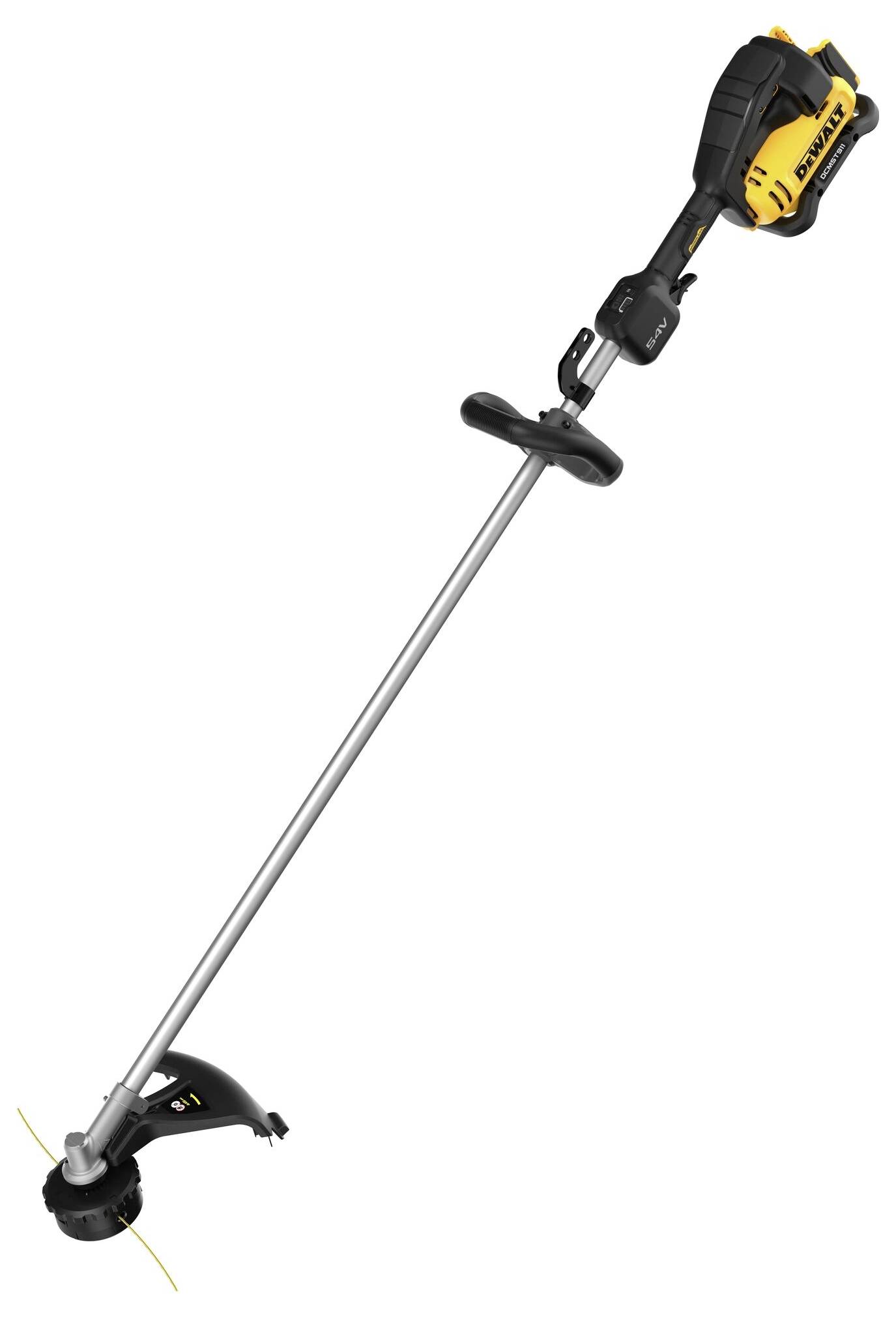 Battery-powered lawn trimmer with yellow and black design. Long metal shaft with handle and trimmer head. Suitable for cutting grass.