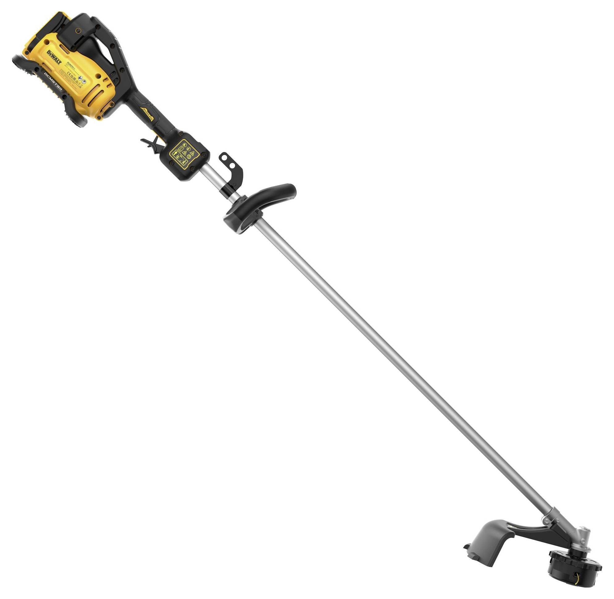 Battery-powered lawn trimmer with a yellow motor block and black handle; long, silver shaft with cutting head at the end.