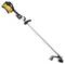 Battery-powered lawn trimmer with a yellow motor block and black handle; long, silver shaft with cutting head at the end.
