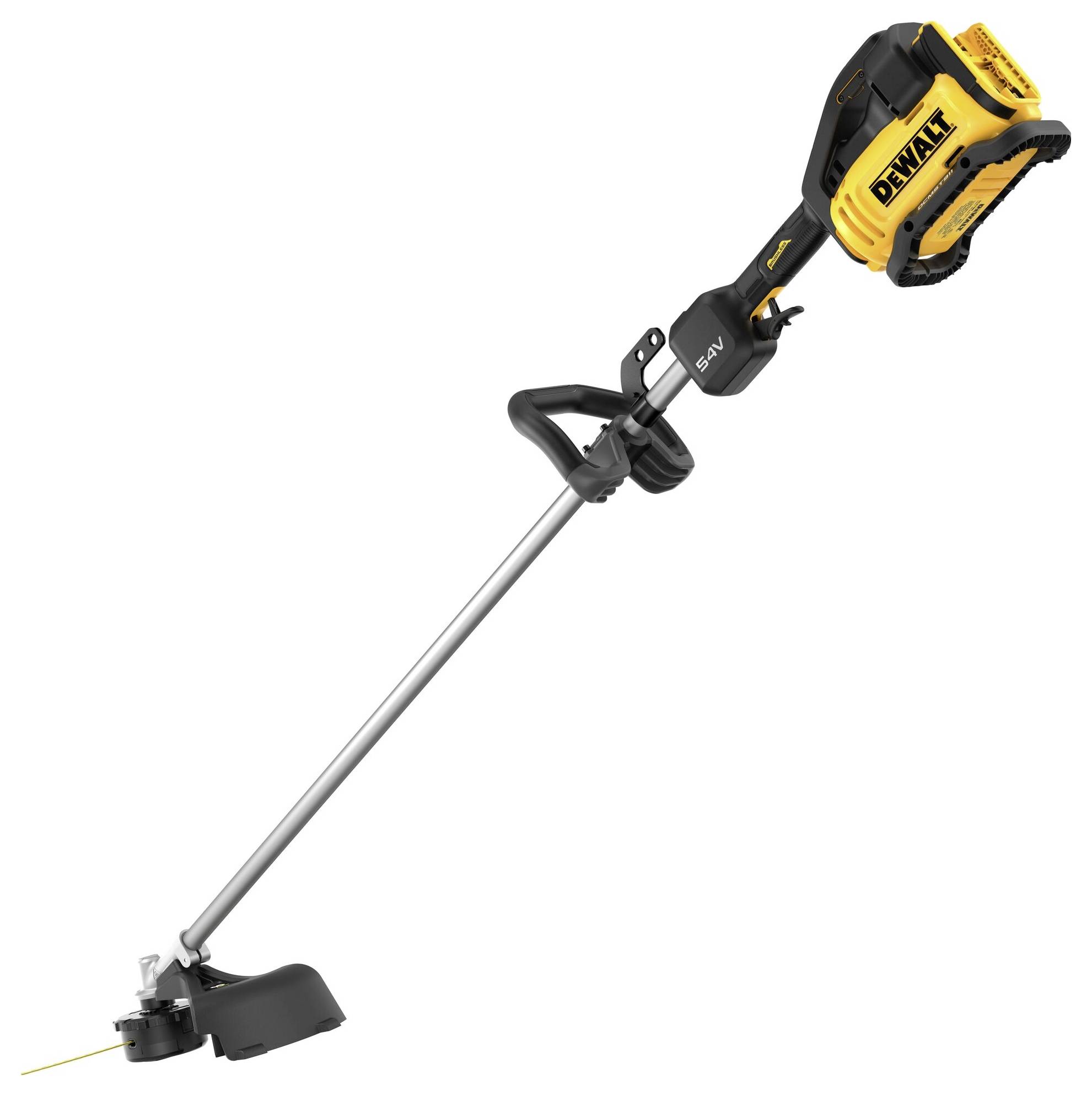 A yellow and black DeWalt cordless lawn trimmer with an ergonomic handle and long aluminium shaft.
