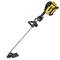 A yellow and black DeWalt cordless lawn trimmer with an ergonomic handle and long aluminium shaft.