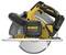 Cordless circular saw in yellow and black colours. 'DeWalt' brand clearly visible. Positioned sideways, showing the housing and saw blade.
