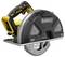 Cordless circular saw by DeWalt with yellow and black design, visible saw blade and ergonomic handle.