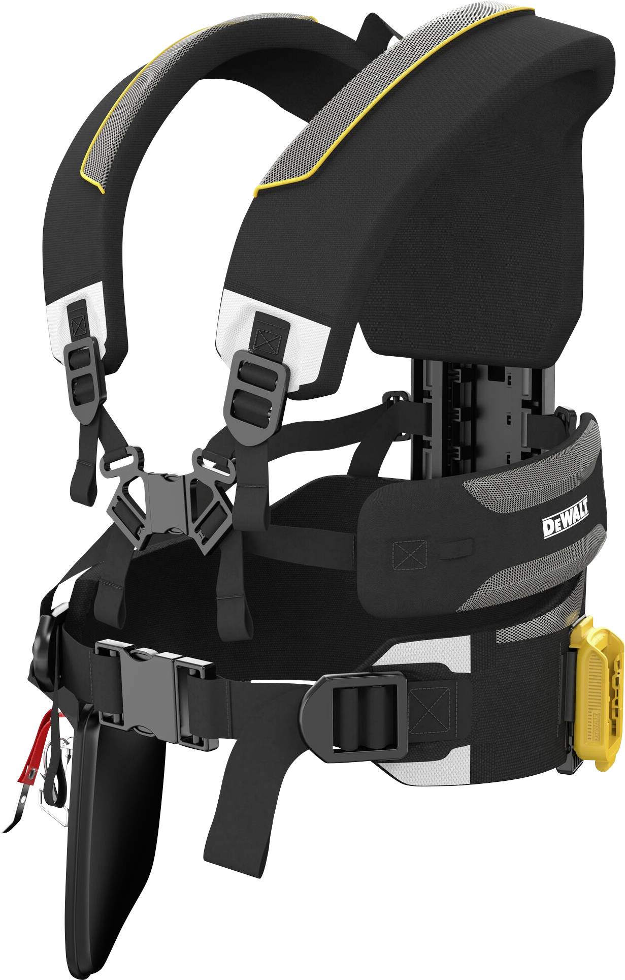 A black work protection belt with shoulder straps and buckles, ergonomically designed for safer grip and comfort when performing heavy labour.