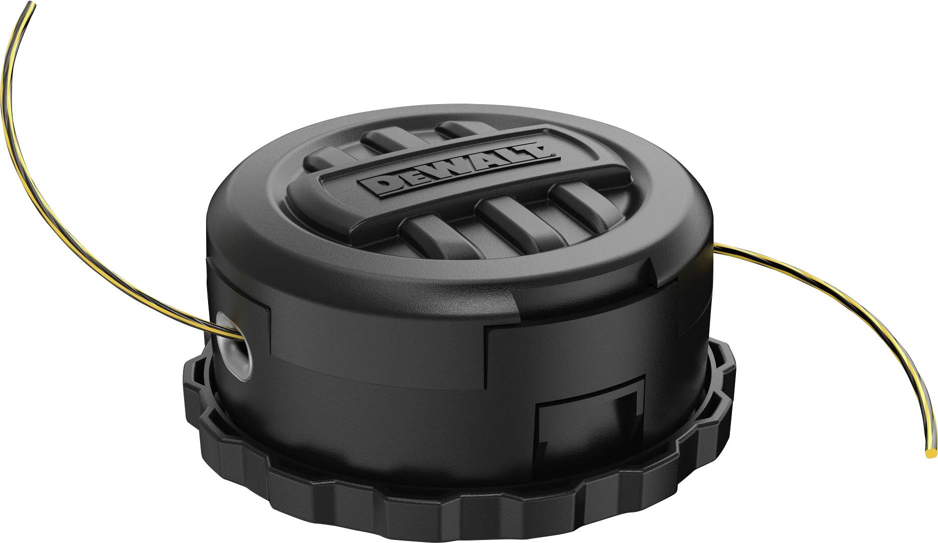 A black thread head with a yellow thread, used for lawn trimmers. The DeWalt logo is visible at the top.
