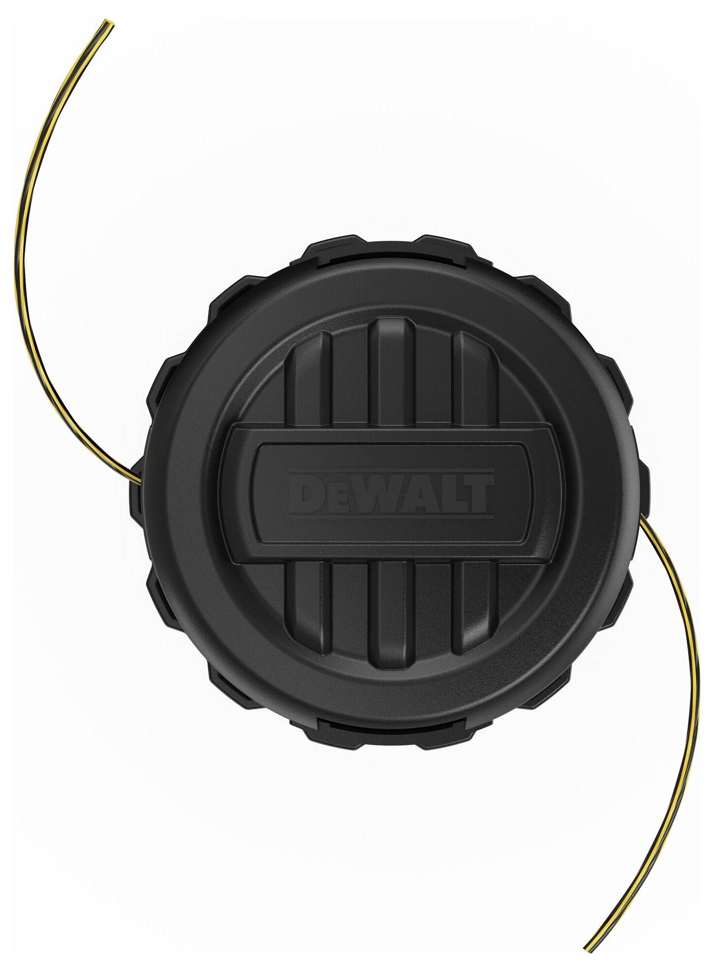 A black DeWalt plastic line head with two protruding yellow lines, for use with strimmers.