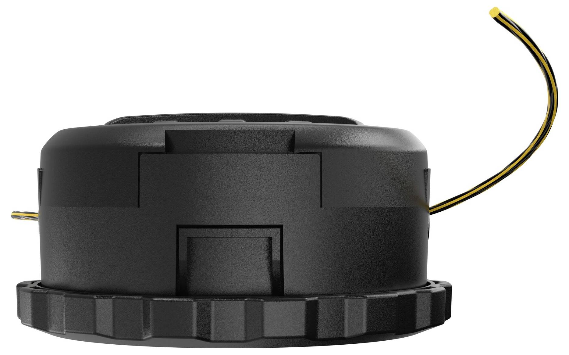 A black line head for a lawn trimmer with two yellow lines protruding from both sides.