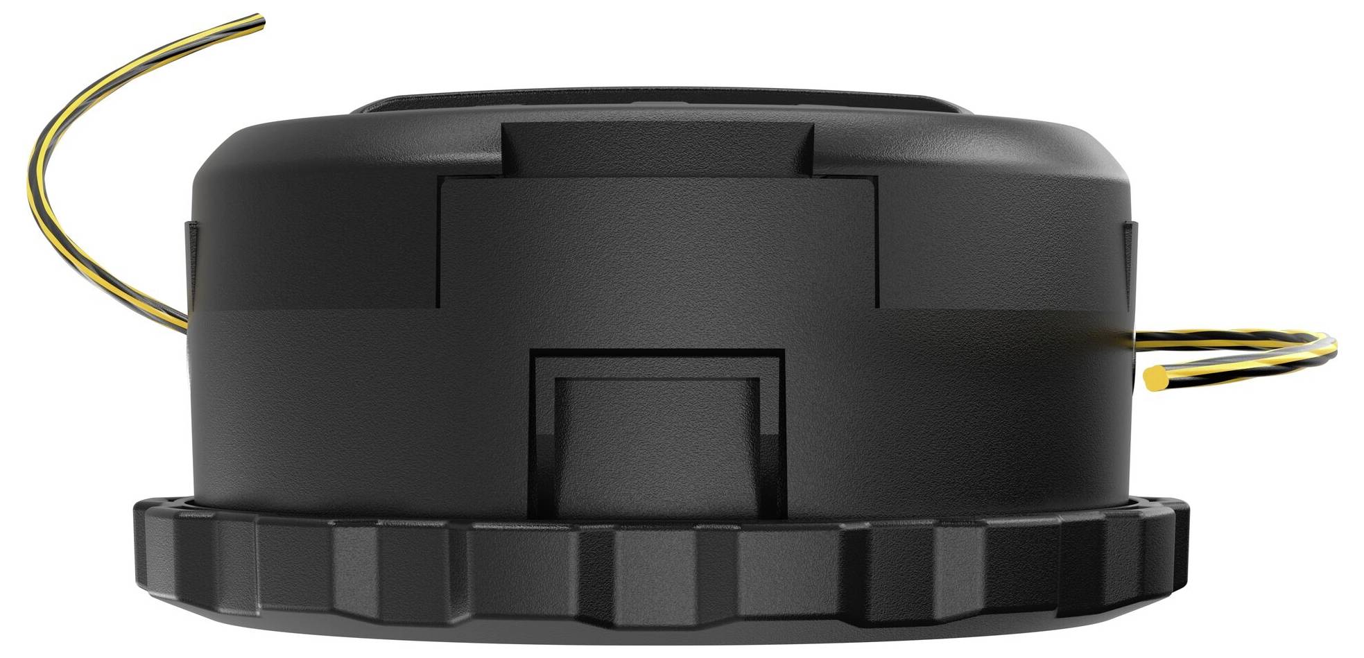 Black trimmer head of a lawnmower, side view, showing two golden threads protruding from the sides.