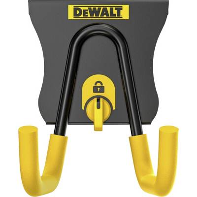 DeWalt black metal hook holder with yellow end caps, suitable for hanging tools or accessories.
