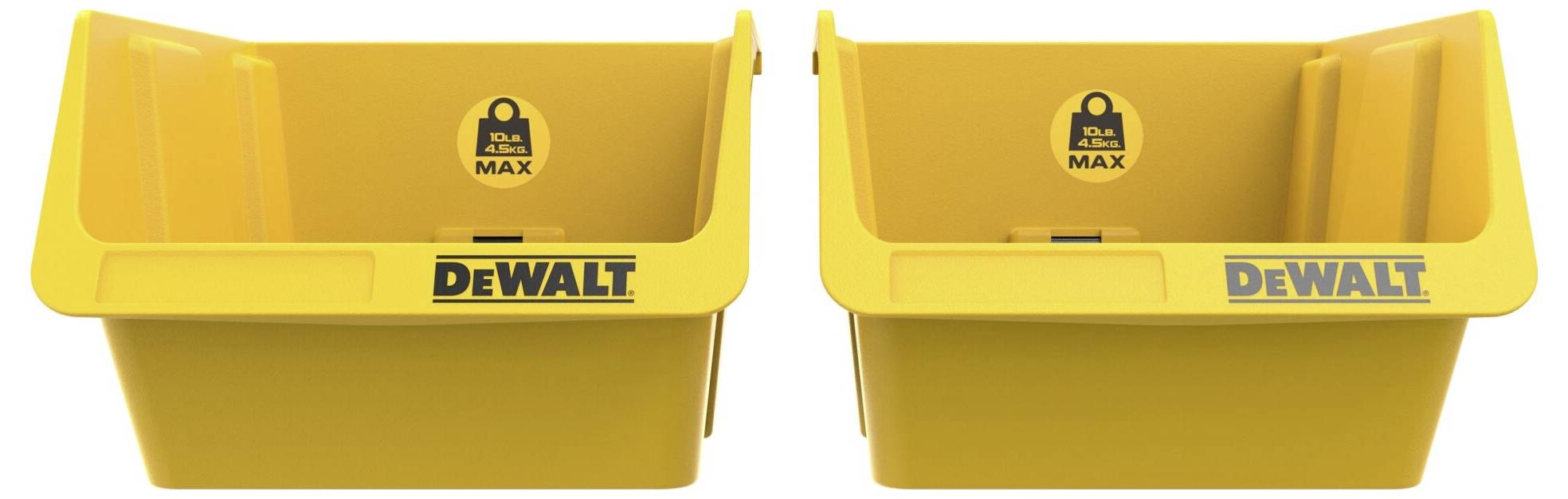Two yellow storage boxes with the 'DeWALT' logo, suitable for loads up to 4.5 kg, placed side by side on a white background.