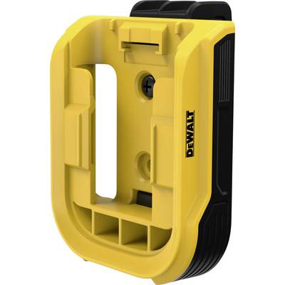 Yellow plastic wall mount with a black element, precisely fitted for an electric tool, labelled with 'DEWALT' on one side.