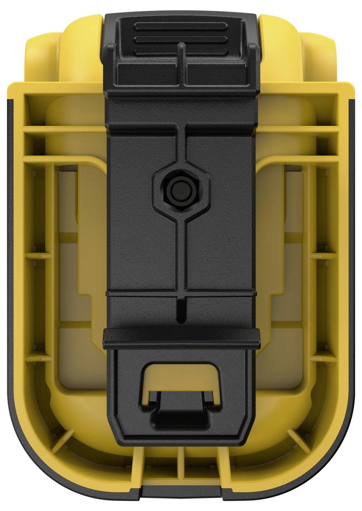 Yellow battery with a black clip, rectangular in shape, commonly used for power tools.