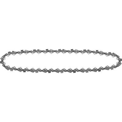 A chainsaw chain in an oval shape. It has uniform links with sharp teeth, designed for cutting wood.