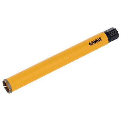 A long, yellow drill bit from DEWALT, with silver teeth at one end and a black section at the other end.