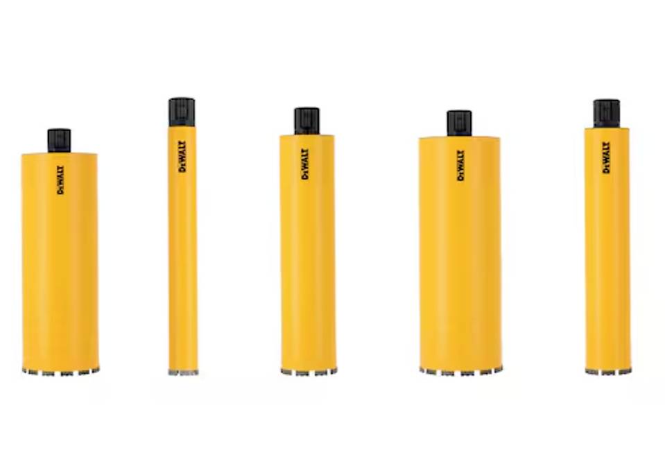 Five yellow drill crowns in various sizes, all with a black attachment and the brand name 'DeWalt' in black.