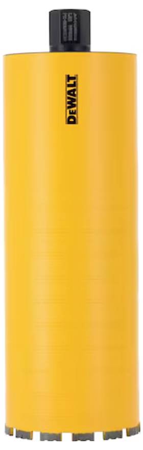 A yellow cylindrical drill head with grey teeth along the bottom edge, featuring a black printed brand logo.