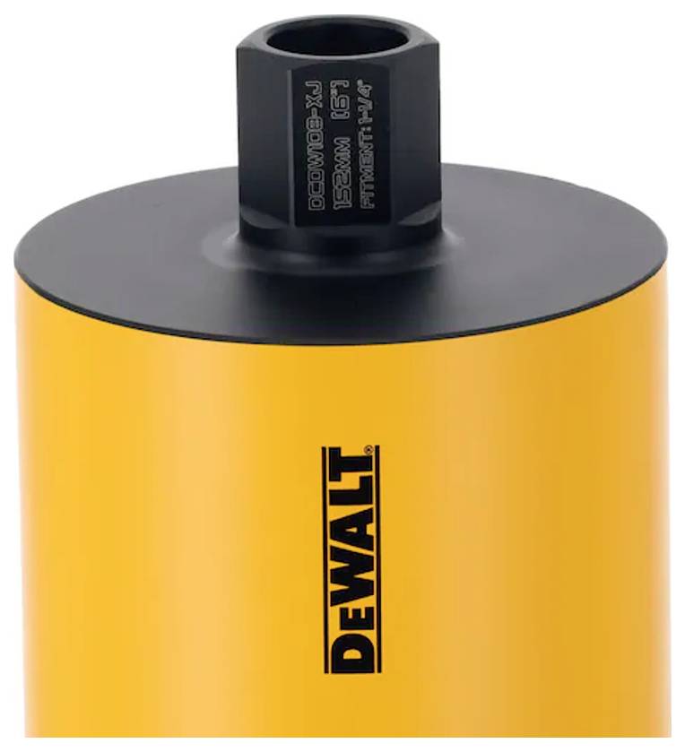 A yellow drill bit with a black head and the 'DEWALT' brand on the side, suitable for professional construction applications.