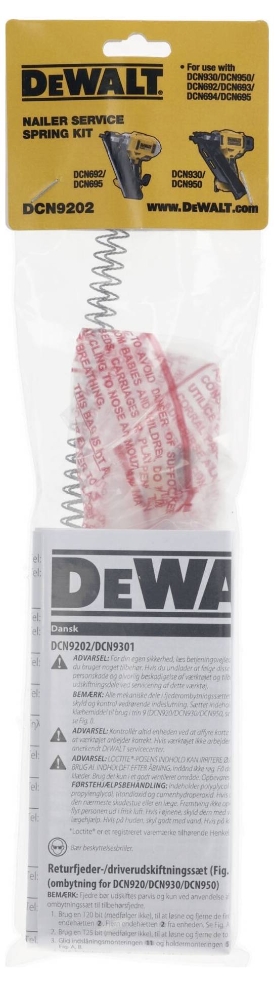 'DeWalt Nail Service Spring Kit' in plastic bag, contains springs and instructions. Suitable for models DCN9202.