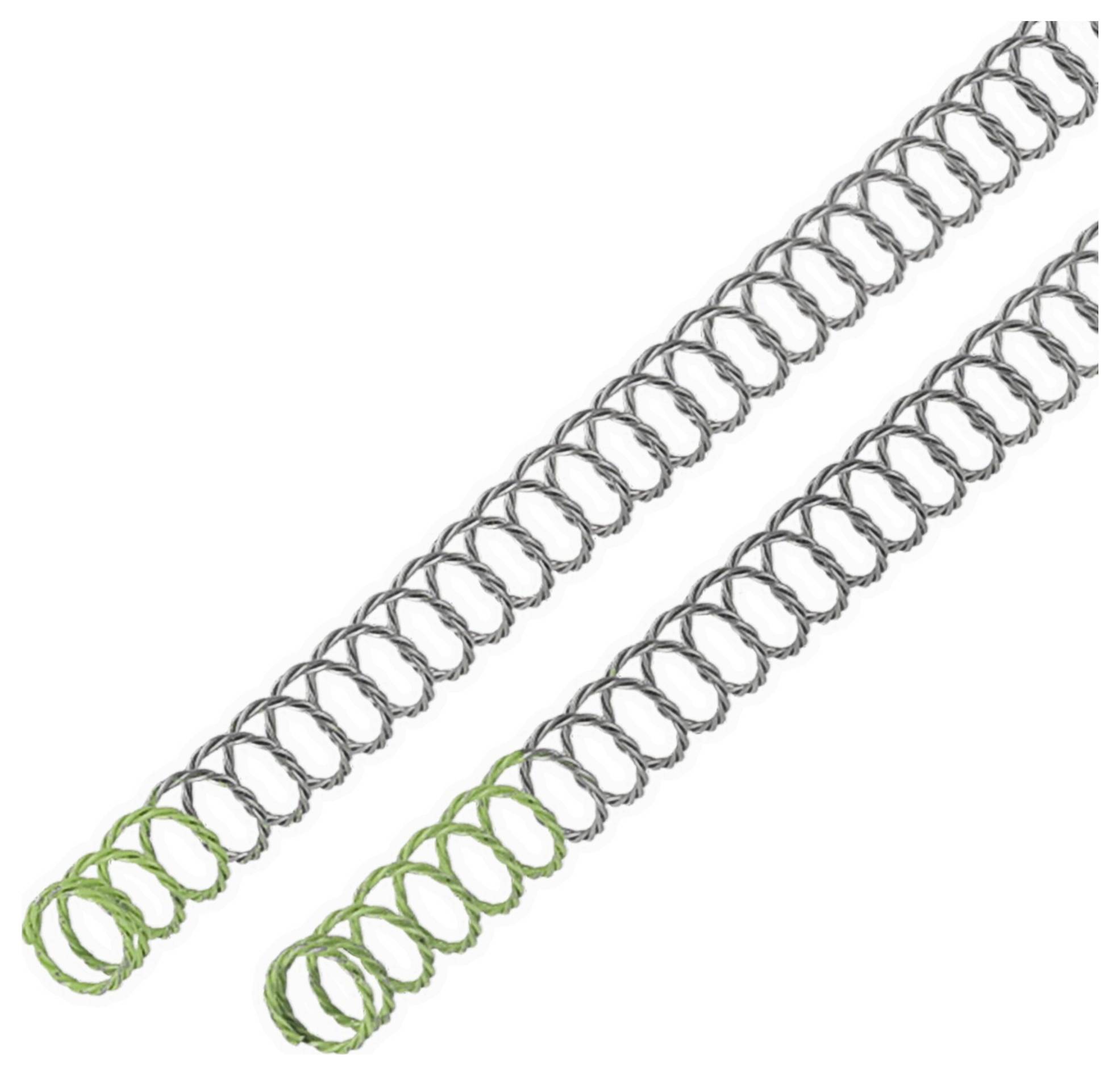 Two metal spiral bindings lie parallel to each other; the lower one has several green spirals.