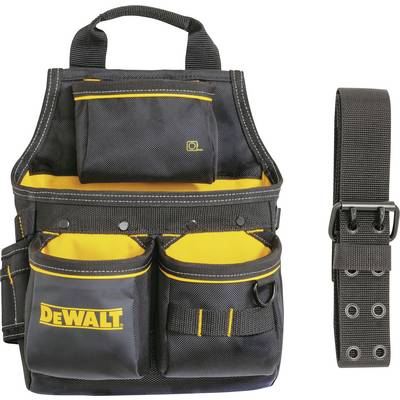 Tool belt with multiple pockets in black and yellow, with 'Dewalt' brand logo visible. Belt made of black material with metal buckle.