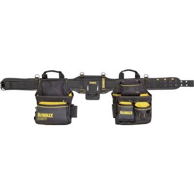 Tool belt with multiple pockets and compartments for tools, black with yellow details, DeWalt brand, hard-wearing material.