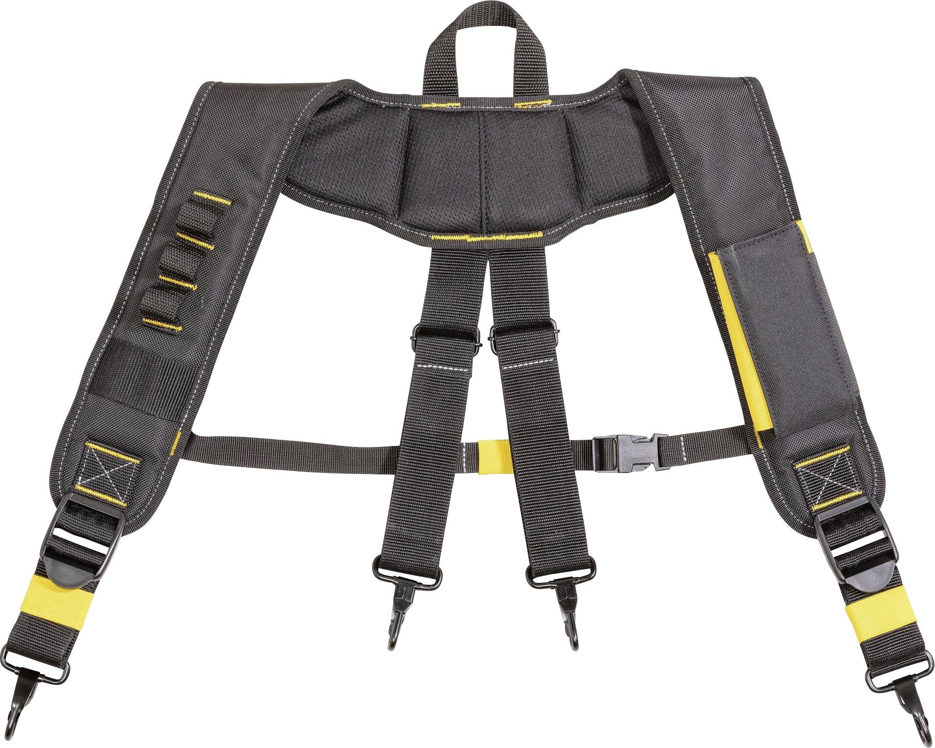 Black, yellow-accented padded belt system with adjustable buckles and hooks, possibly for tool carriers.
