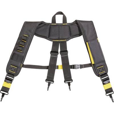 Black, yellow-accented padded belt system with adjustable buckles and hooks, possibly for tool carriers.