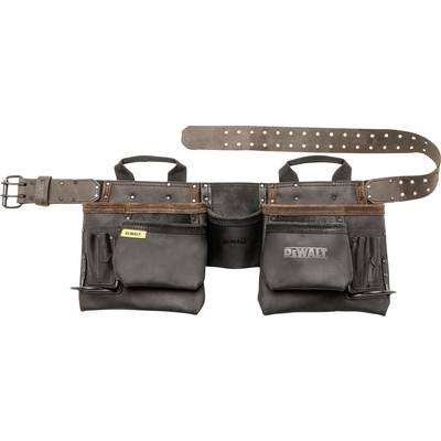 A black tool belt with multiple pockets and compartments for tools, reinforced with brown leather details and a belt buckle.