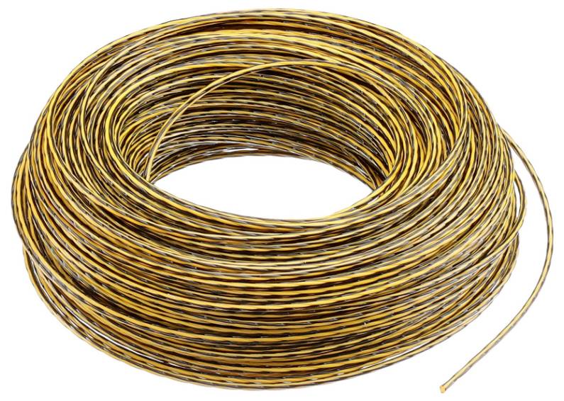 A yellow-brown patterned cable, neatly wound in a large, compact coil, against a white background.