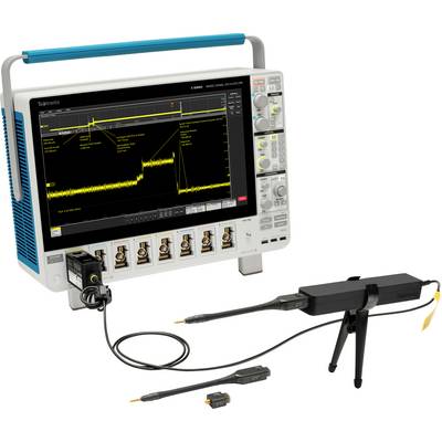 'Oscilloscope with connected probe showing a screen display of a complicated wave pattern with marked points.'