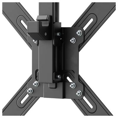 Metal mounting bracket for a monitor with screws and slots for height and tilt adjustment.