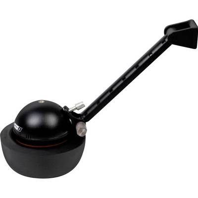 A black kick scooter stand with a round, sturdy component designed to support a scooter while parked.