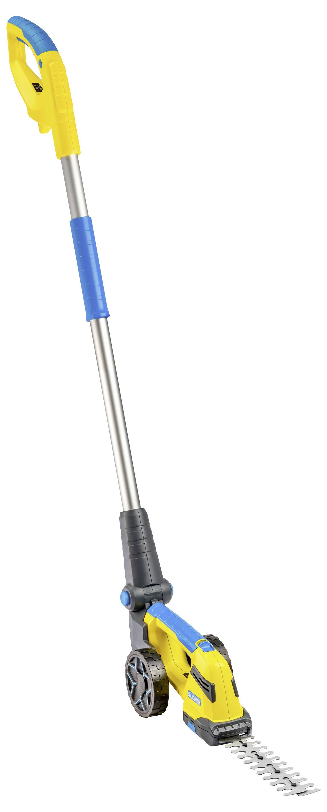 A yellow and blue electric garden cutting tool with wheels and a long handle, designed for easy trimming of grass and shrubs.
