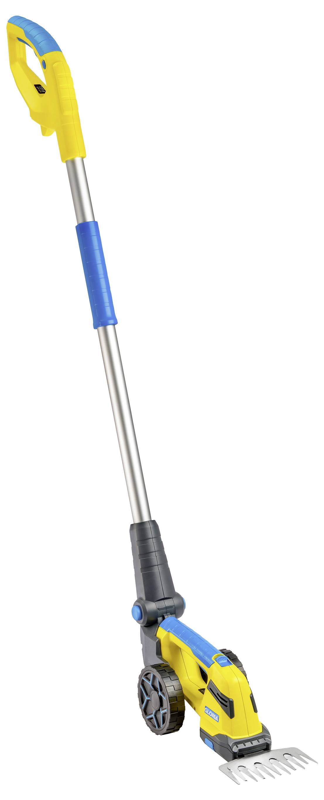 Yellow and blue cordless grass shears with wheels and telescopic handle, for easily cutting grass in hard-to-reach areas.