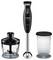 Hand blender set comprising a black hand mixer, a measuring jug, and a chopping attachment.