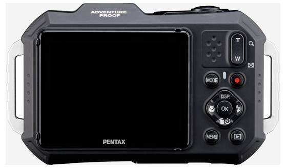 Back of a robust camera with a screen and various control elements such as buttons for zoom, menu, and OK functions.
