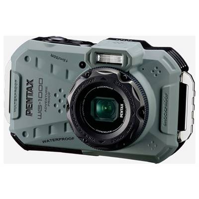 Digital camera by Pentax, model WG-1000, in grey colour. Robust and waterproof, with integrated flash and lens in the centre.