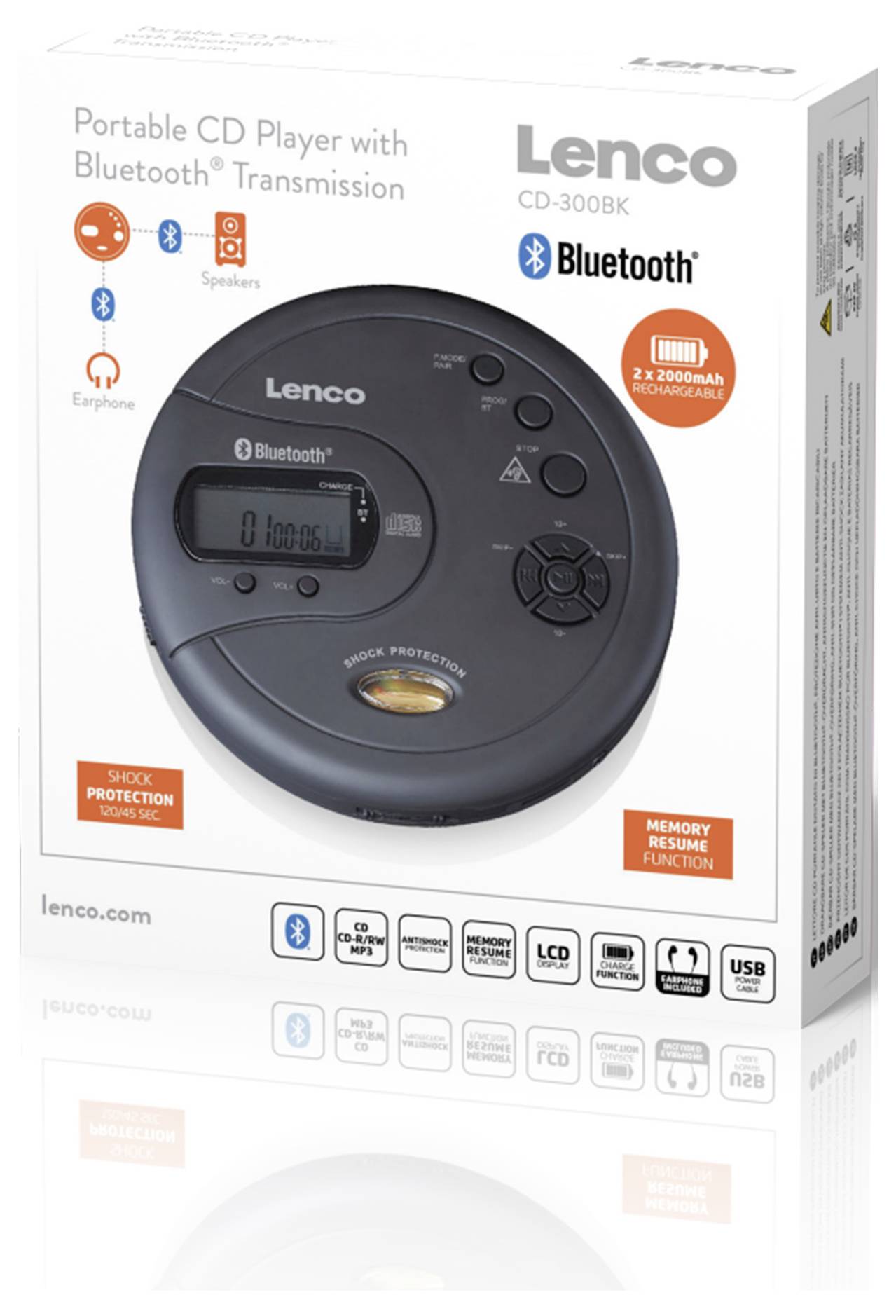 Portable CD player with Bluetooth transmission, illustrated on packaging. Includes protective features and rechargeable batteries.